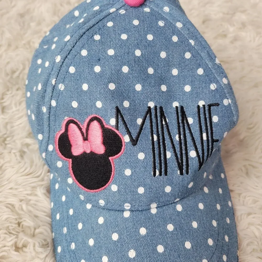 Disney Minnie Mouse Denim Blue White Polka Dot Girls Adjustable Baseball Cap Hat
